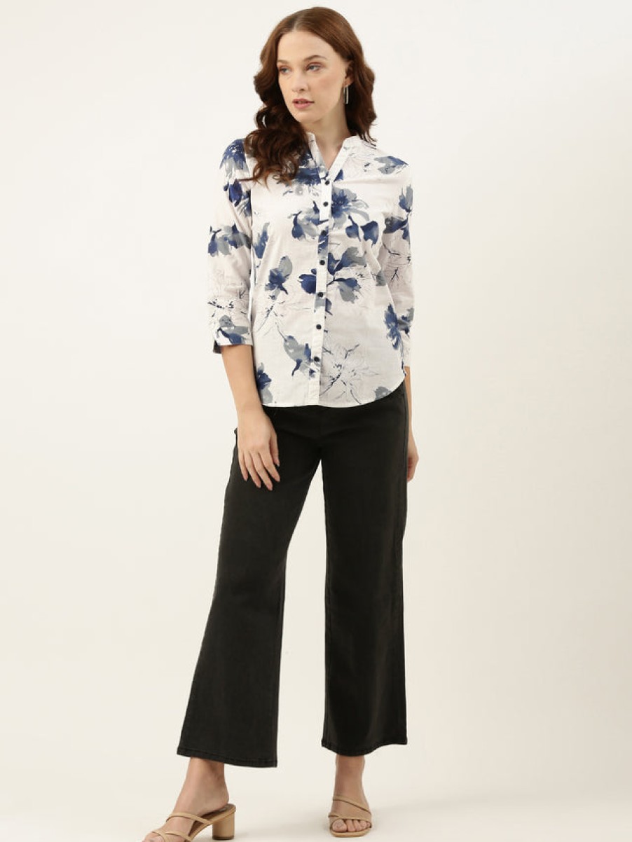 Casual Shirts | Bene Kleed Women White/Blue Slim Fit Floral Casual Shirt