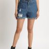 Shorts | Bene Kleed Women Mid Blue Ripped Solid Denim Shorts With Frayed Hem