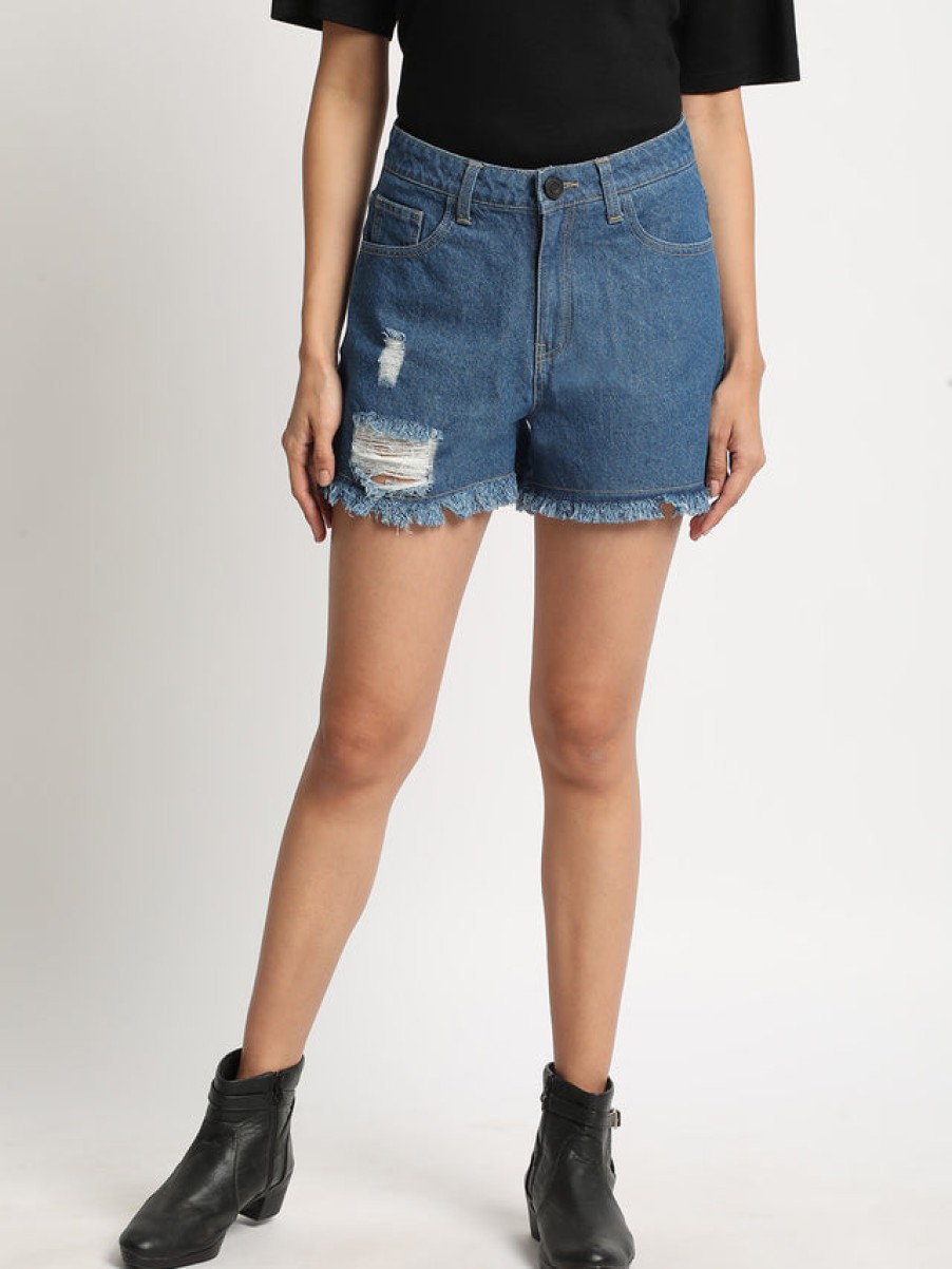 Shorts | Bene Kleed Women Mid Blue Ripped Solid Denim Shorts With Frayed Hem