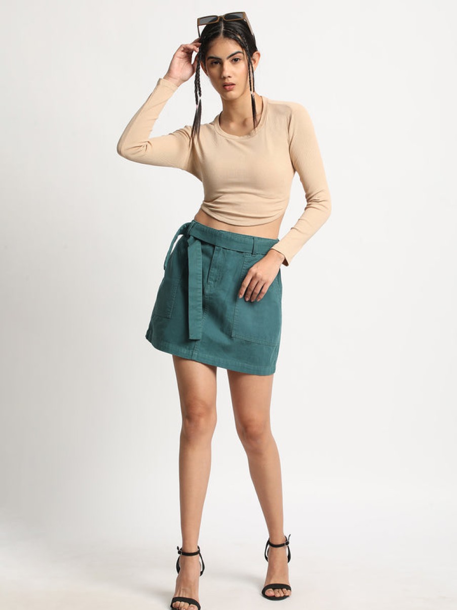 Skirts | Bene Kleed Women Dark Teal Solid Mini Skirt With Waist Tie Up