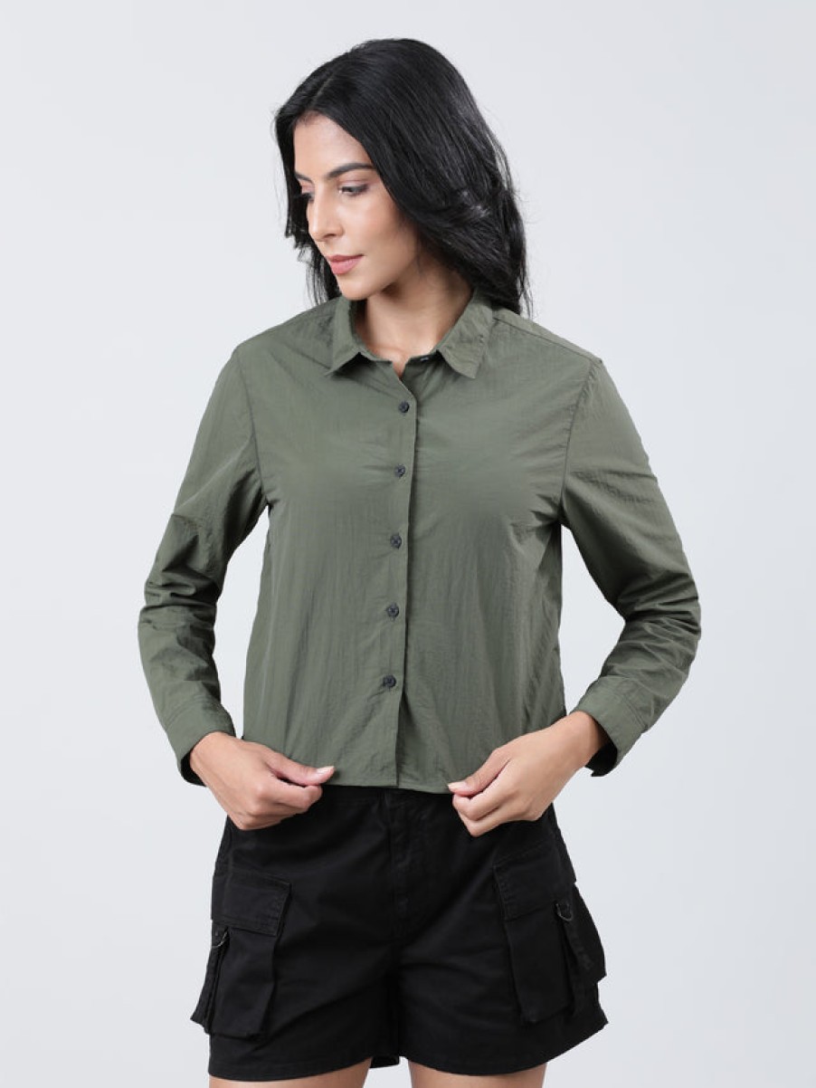 Casual Shirts | Bene Kleed Women Light Olive Regular Fit Full Sleeves Cropped Length Casual Shirt