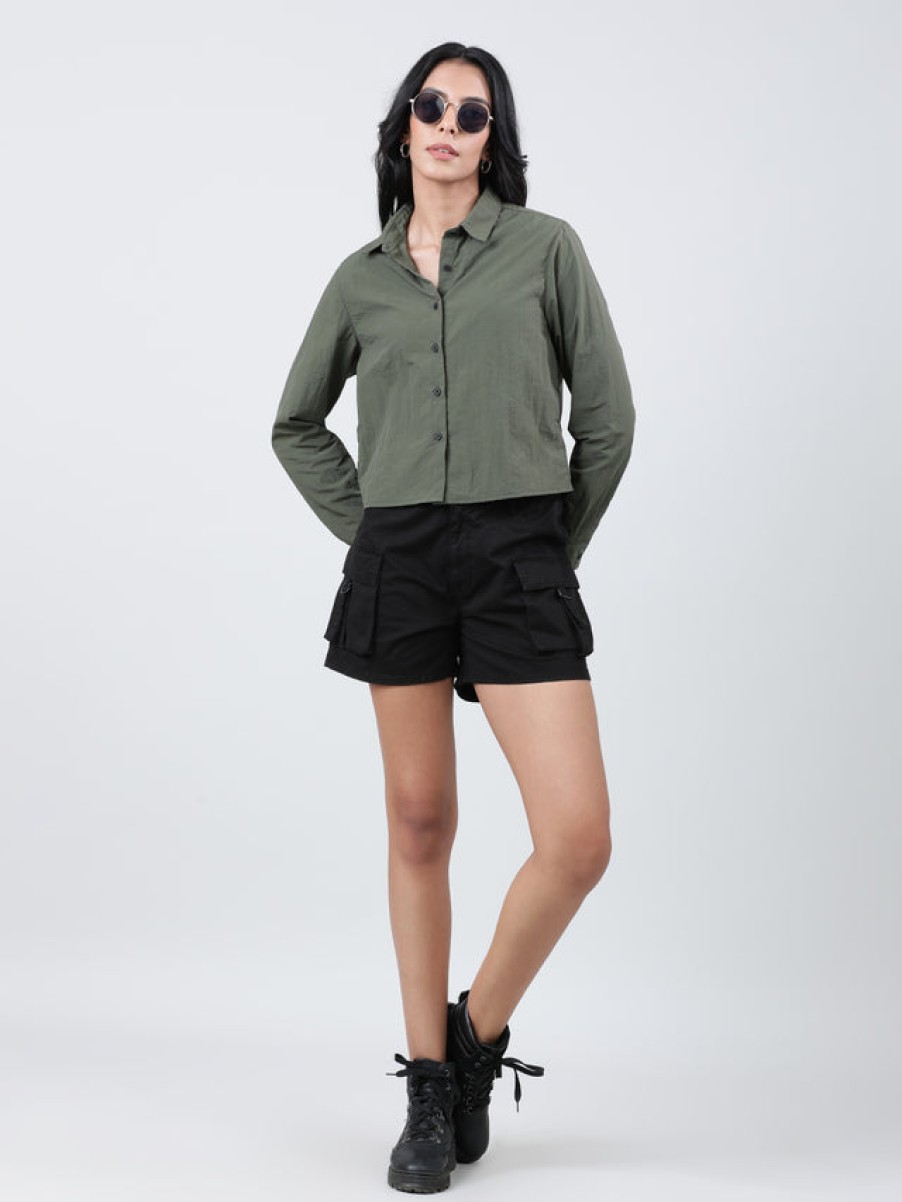 Casual Shirts | Bene Kleed Women Light Olive Regular Fit Full Sleeves Cropped Length Casual Shirt