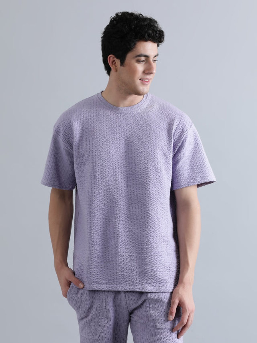 T-Shirts | Bene Kleed Men Lilac Oversized Knit Seersucker Solid T-Shirt