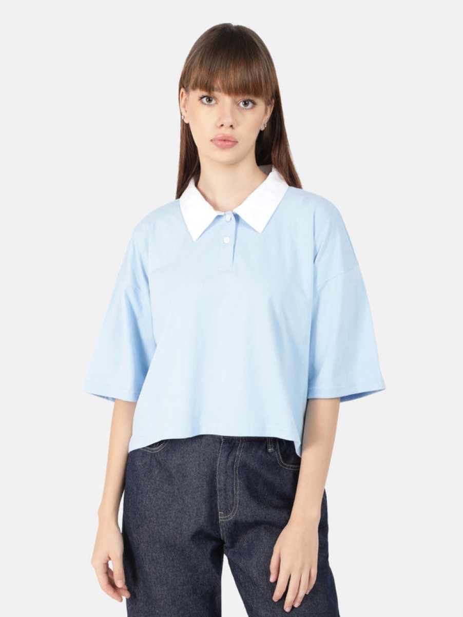 T-Shirt & Tops | Bene Kleed Women Sky Blue Solid Cropped Polo T-Shirt With Contrast Collar