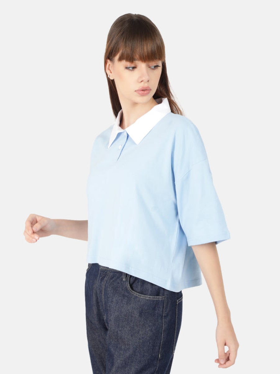 T-Shirt & Tops | Bene Kleed Women Sky Blue Solid Cropped Polo T-Shirt With Contrast Collar