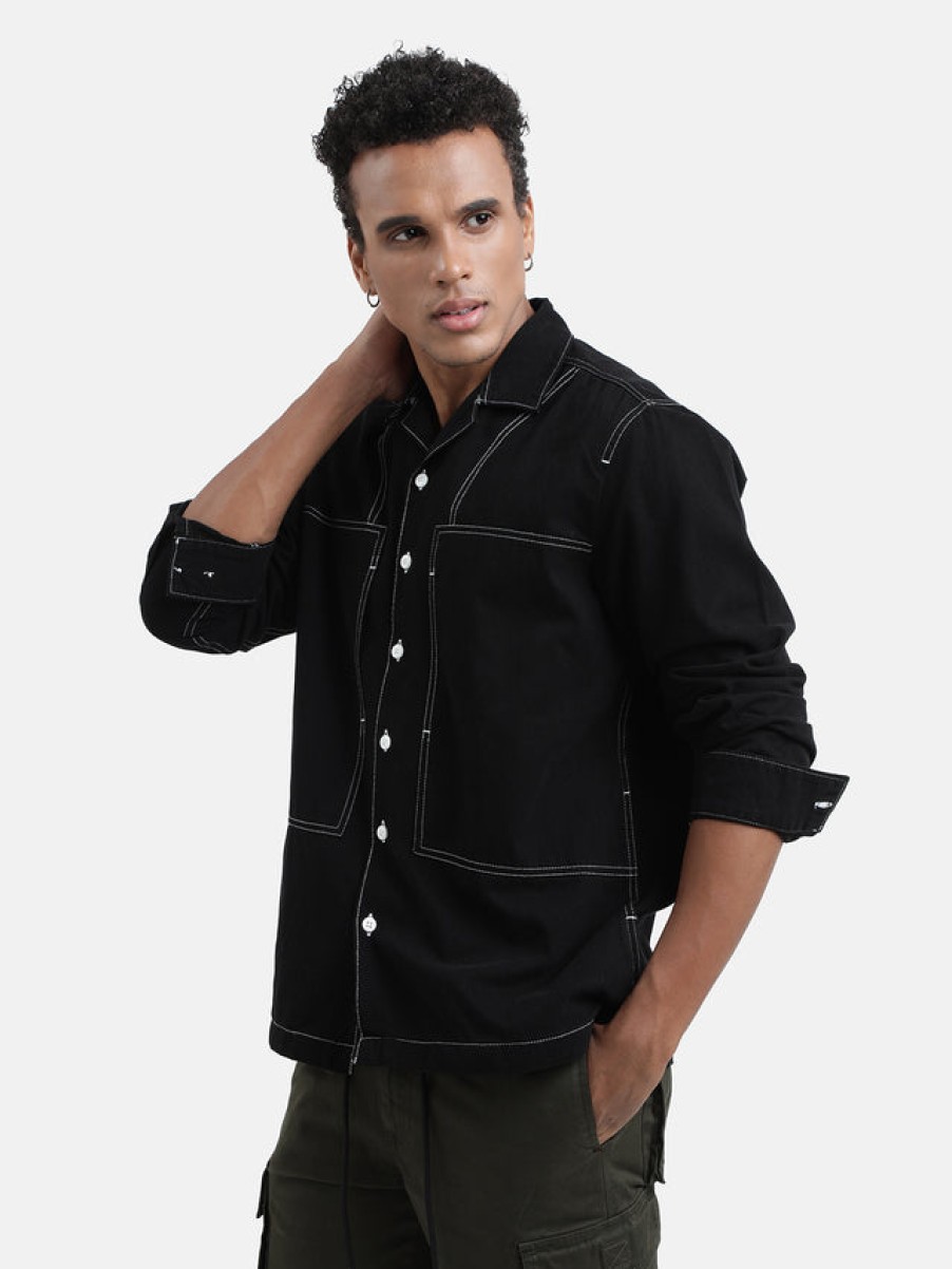 Jackets | Bene Kleed Men Black Relaxed Fit Resort Collar Solid Jacket With Contrast Stitch