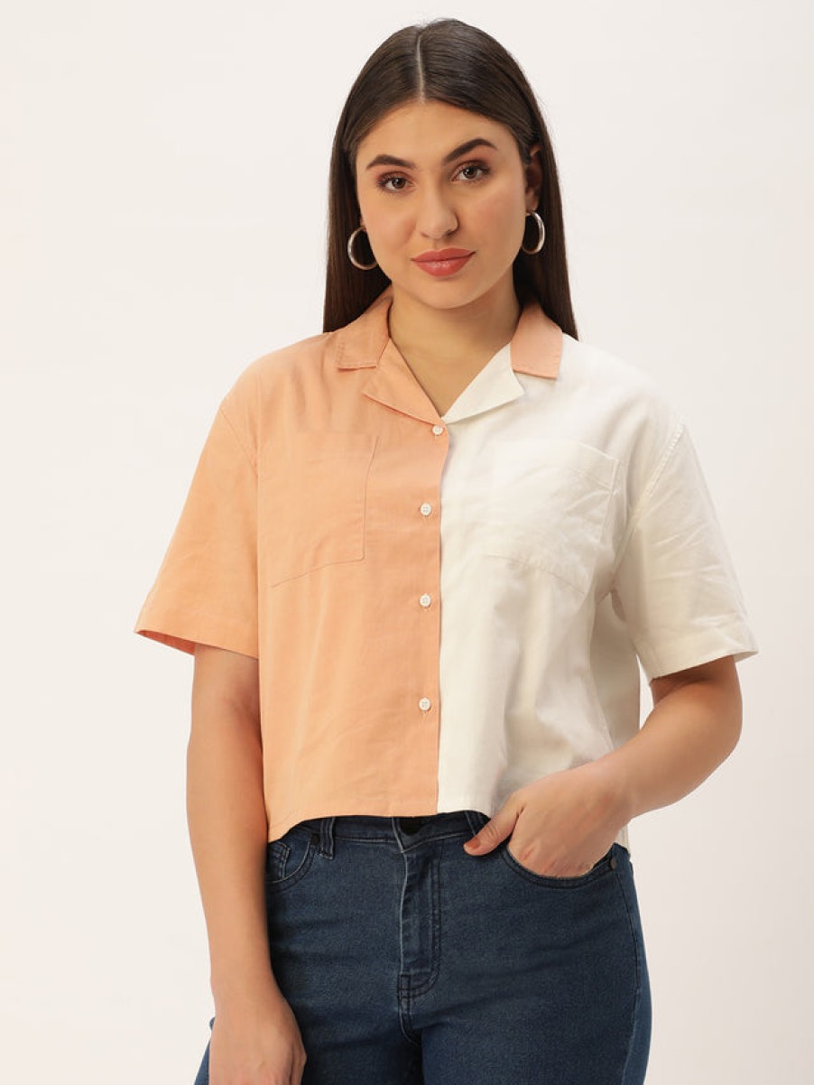 Casual Shirts | Bene Kleed Women Light Peach/White Boxy Fit Colour Block Casual Shirt