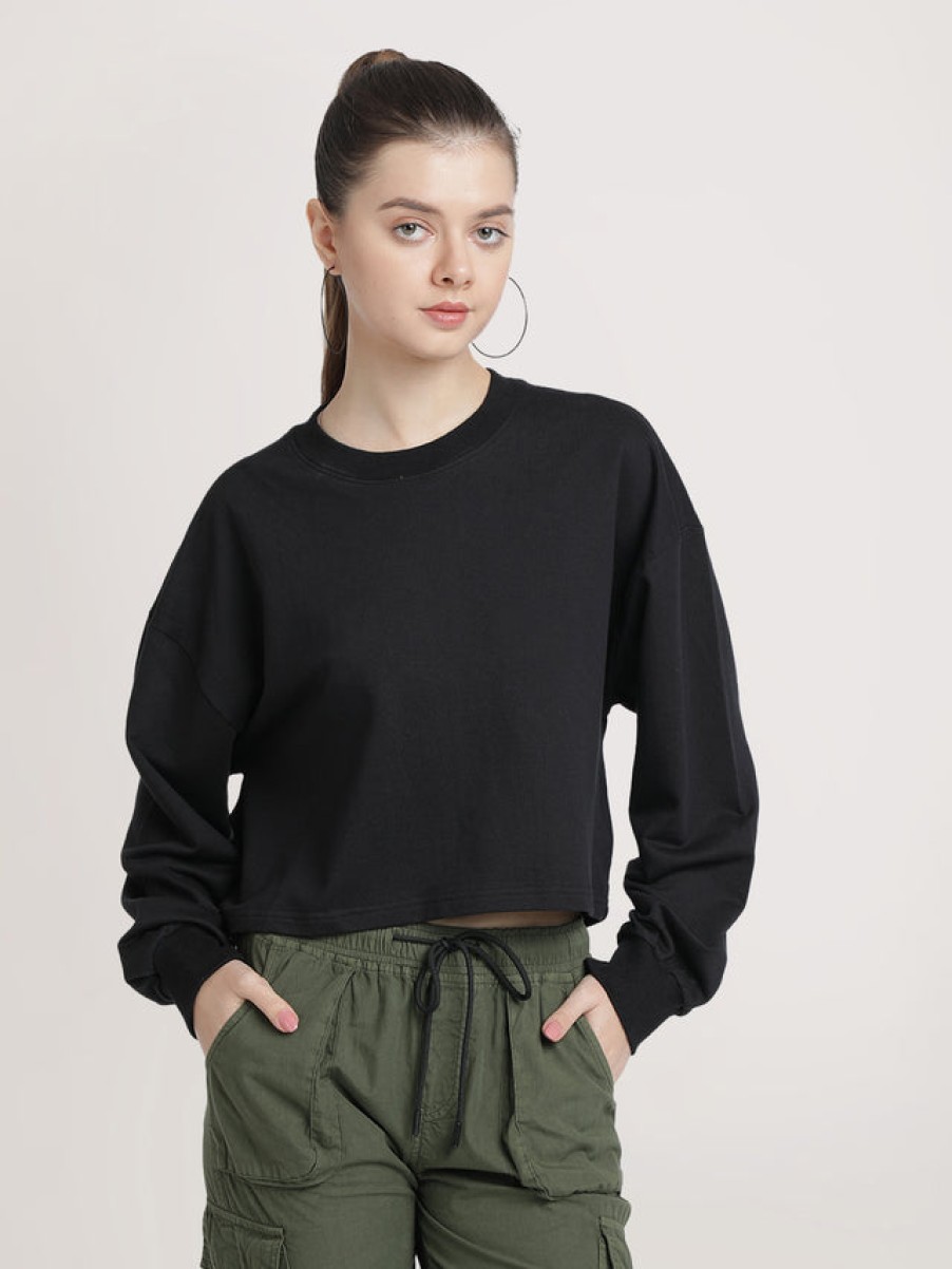 Sweatshirts | Bene Kleed Women Black Solid Cropped Length Oversize Sweatshirt