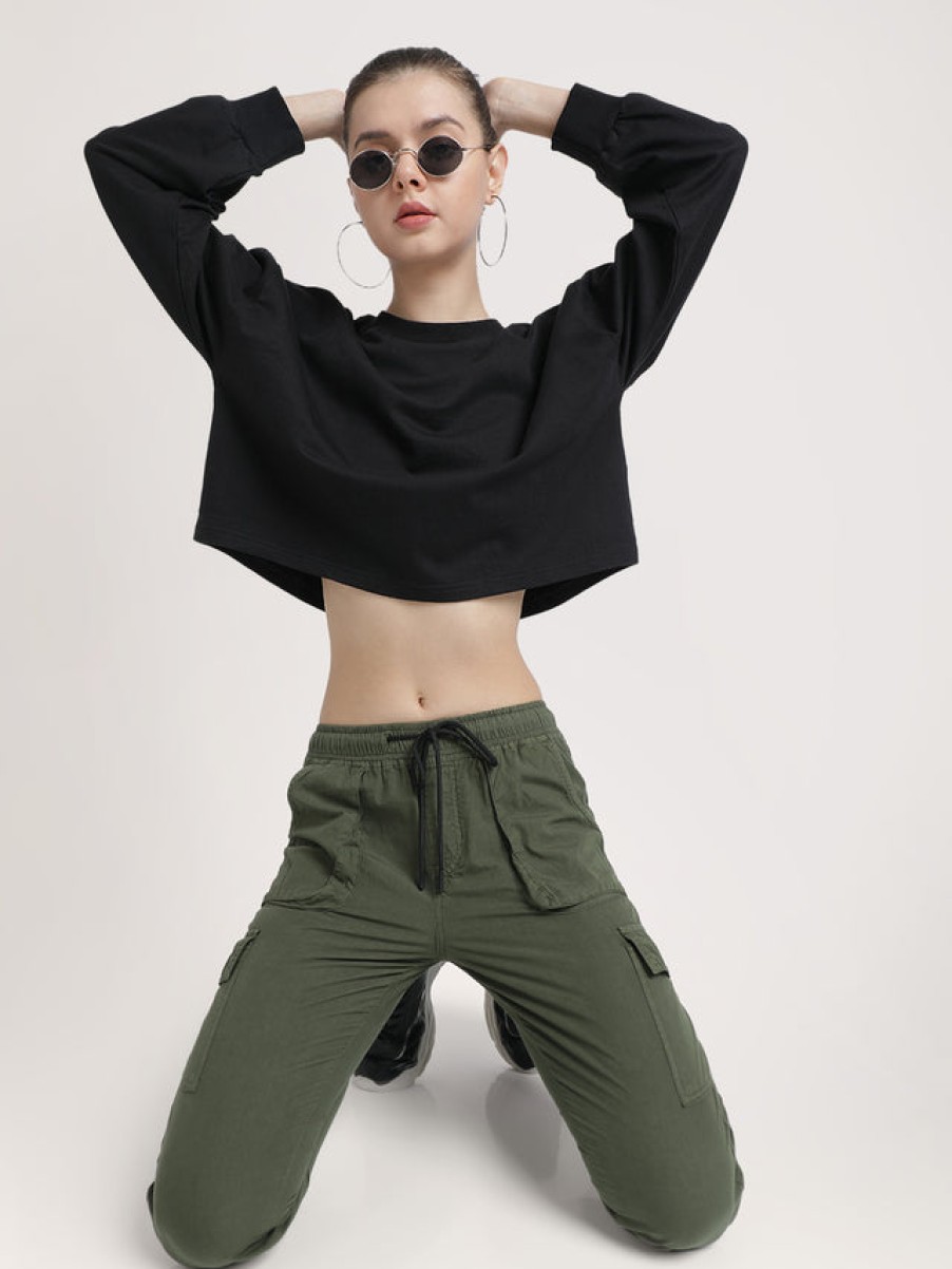 Sweatshirts | Bene Kleed Women Black Solid Cropped Length Oversize Sweatshirt