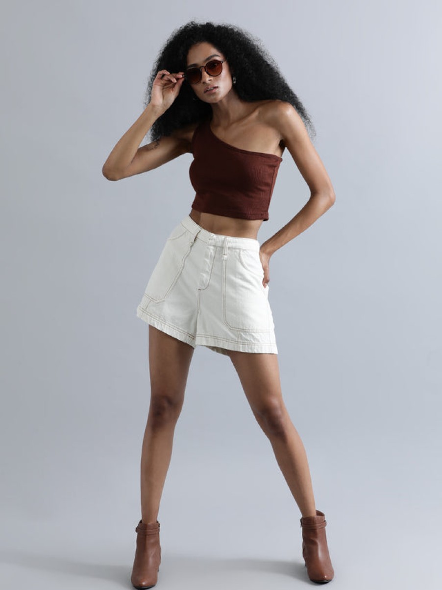 Shorts | Bene Kleed Women Off White Regular Fit High Rise Denim Shorts With Contrast Stitc