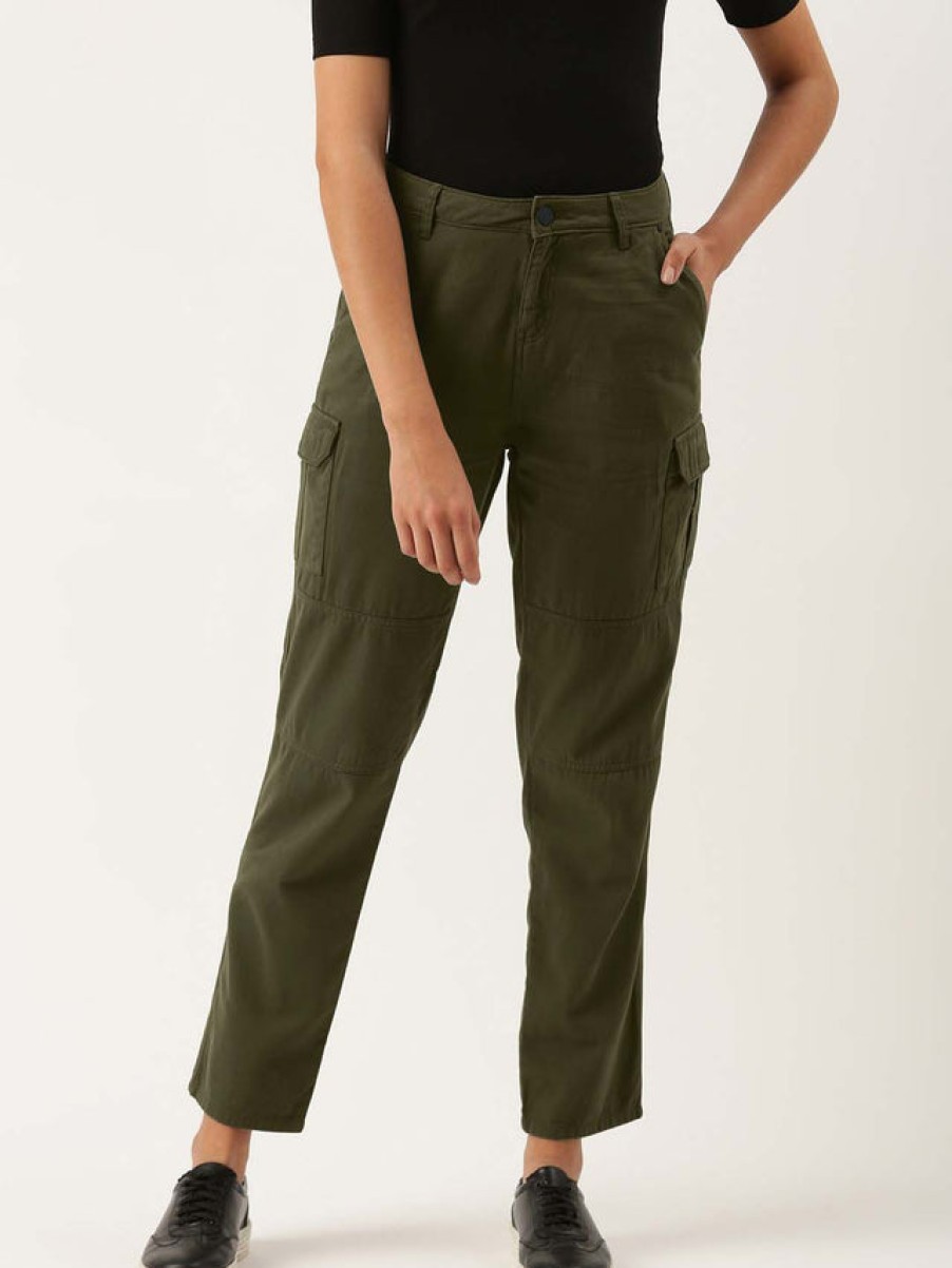 Cargos & Joggers | IVOC Women Forest Green Slim Fit Solid Cargo Trousers