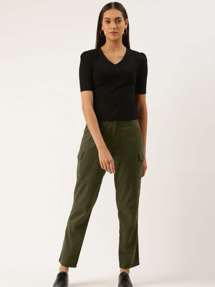 Cargos & Joggers | IVOC Women Forest Green Slim Fit Solid Cargo Trousers