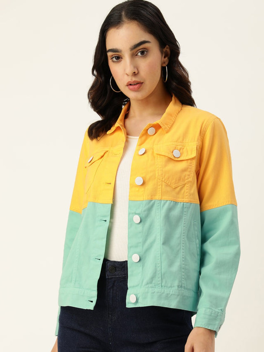 Jackets | Bene Kleed Women Yellow/Mint Slim Fit Colour Block Jacket