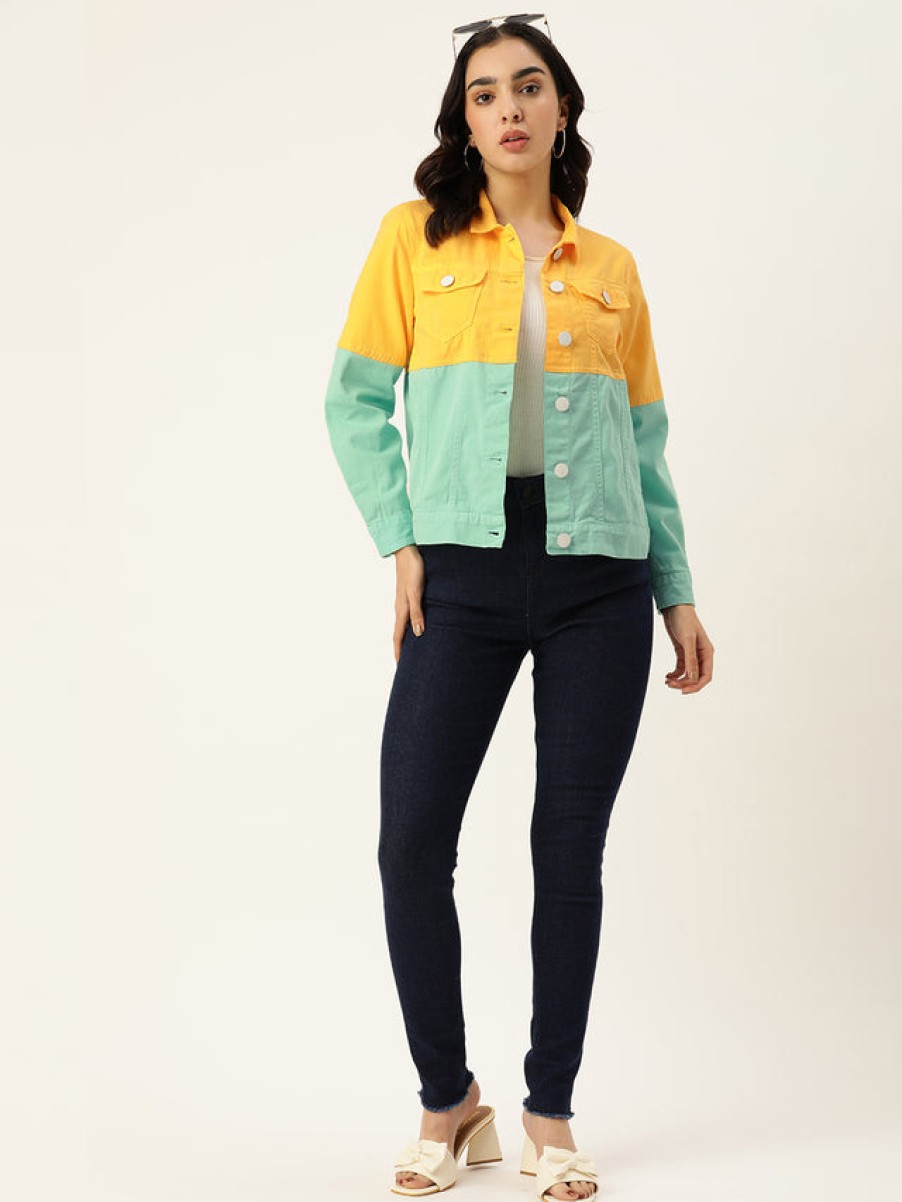 Jackets | Bene Kleed Women Yellow/Mint Slim Fit Colour Block Jacket