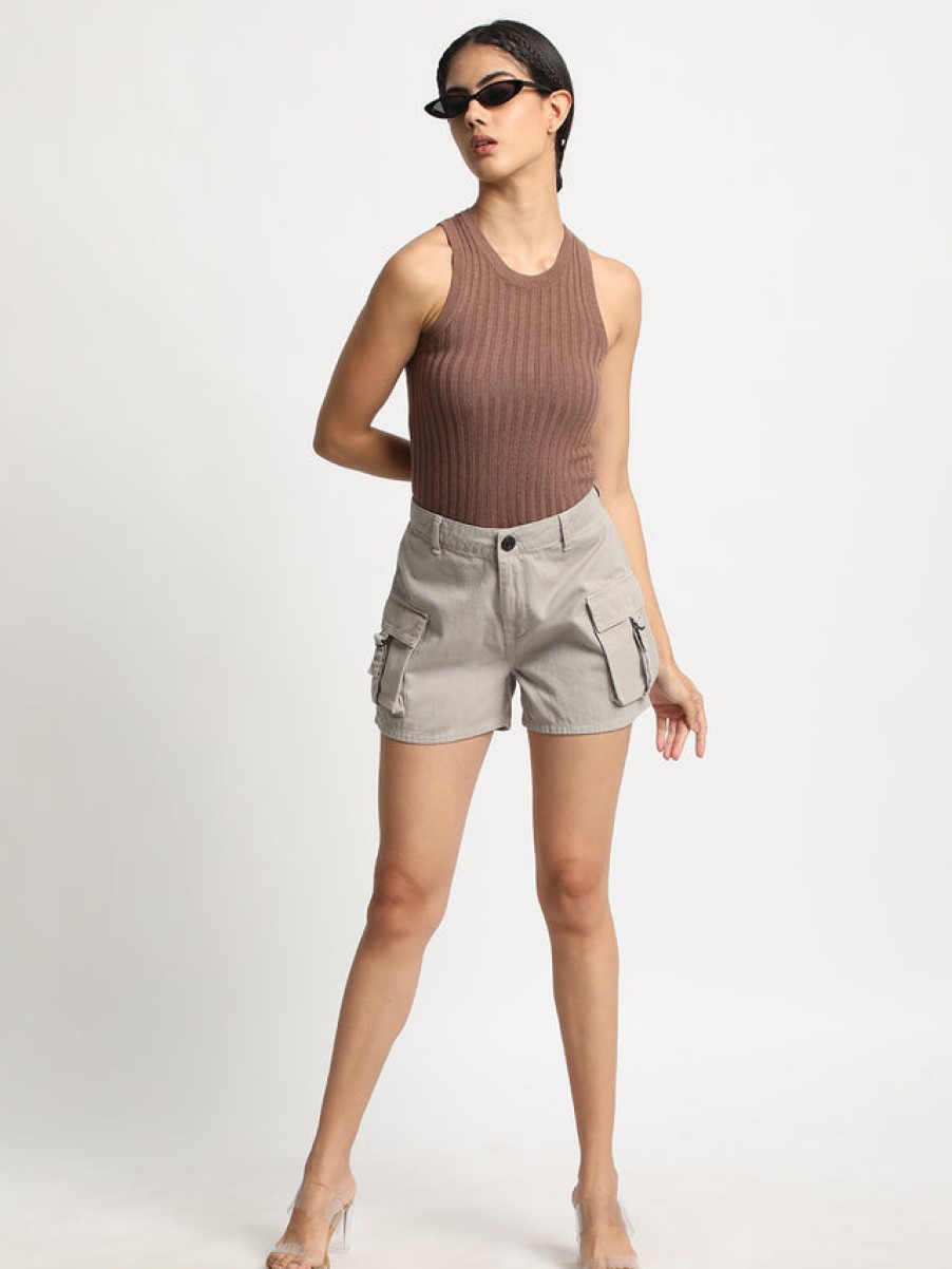 Shorts | Bene Kleed Women Silver Grey High Rise Solid Cargo Shorts