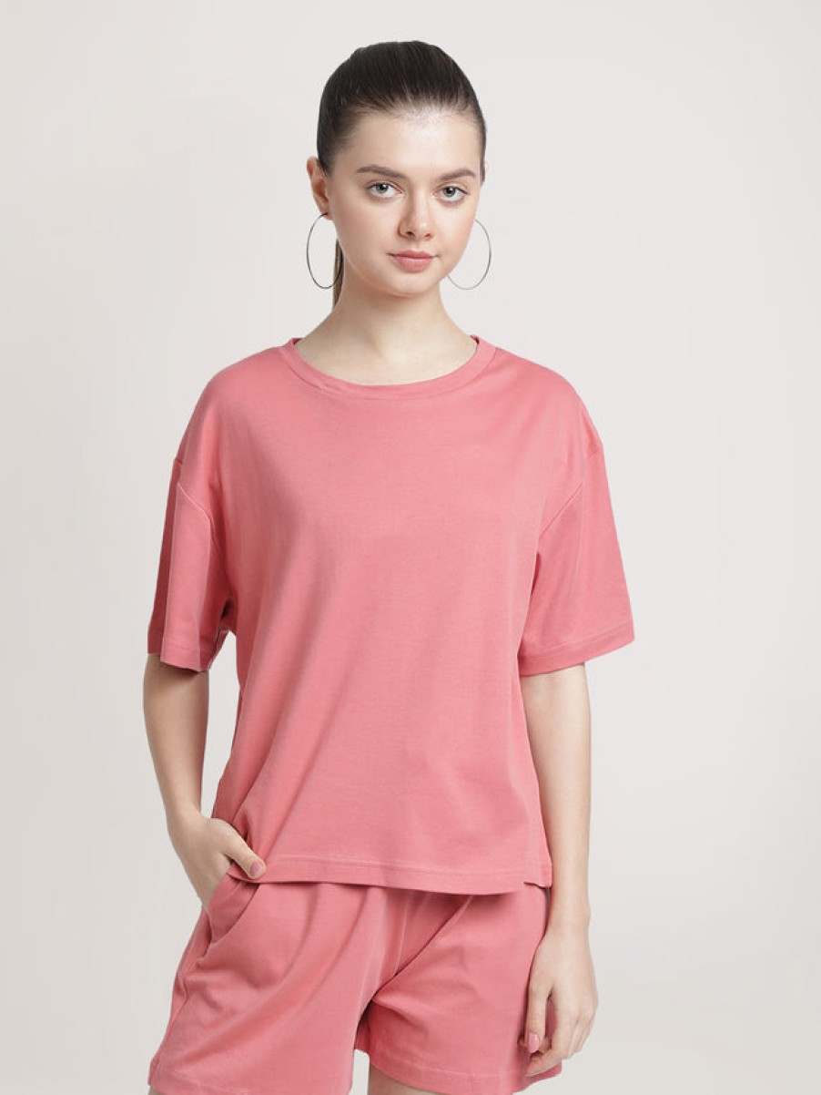 T-Shirt & Tops | Bene Kleed Women Peach Beige Interlock Solid Oversized T-Shirt