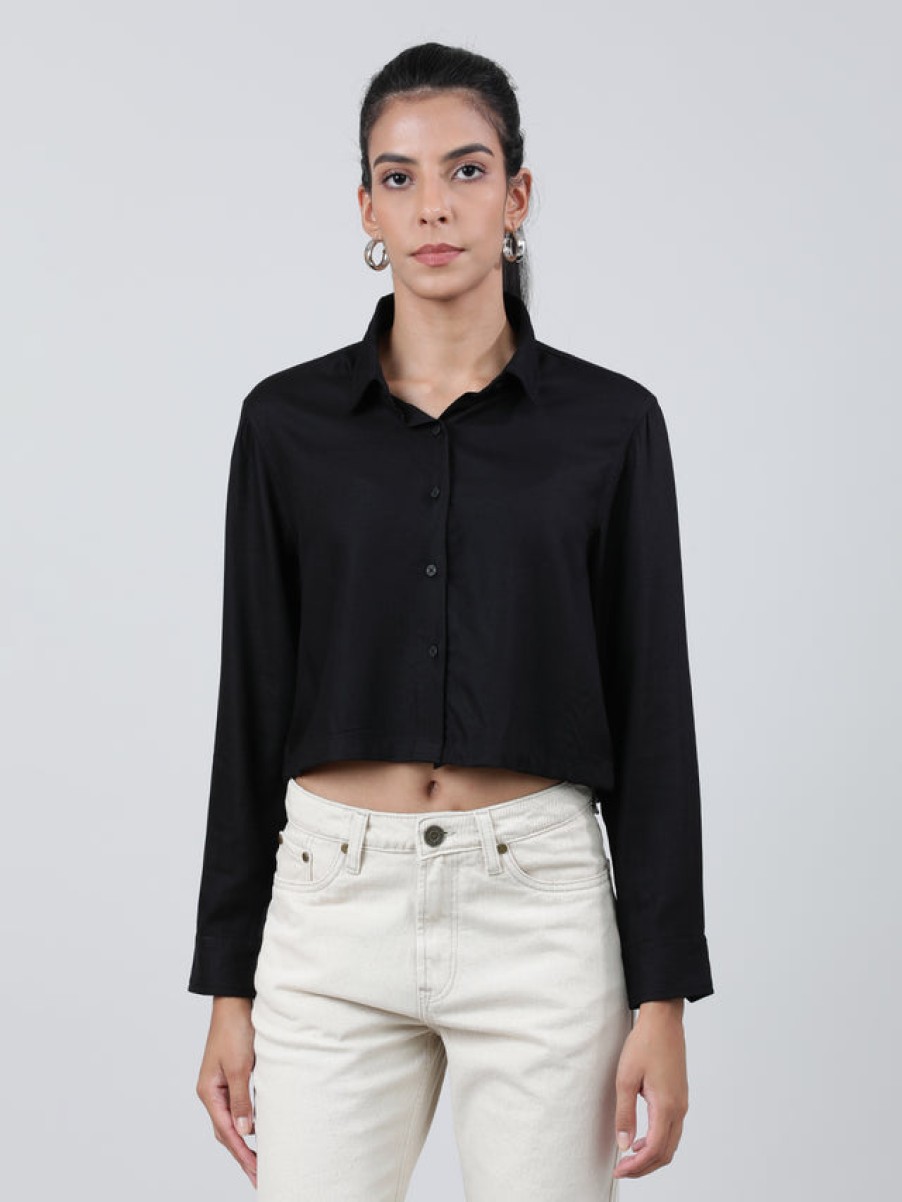 Casual Shirts | Bene Kleed Women Black Regular Fit Cropped Full Sleeves Solid Casual Shirt