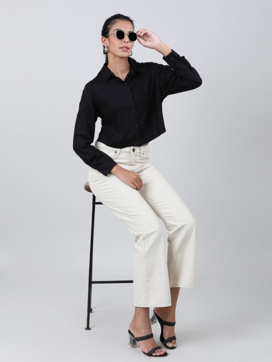 Casual Shirts | Bene Kleed Women Black Regular Fit Cropped Full Sleeves Solid Casual Shirt