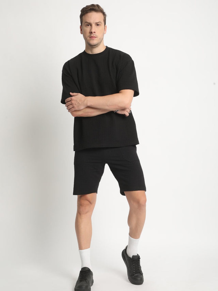 Co-Ords Sets | Bene Kleed Men Black Regular Fit Solid Seersucker Knitted Co-Ord Set