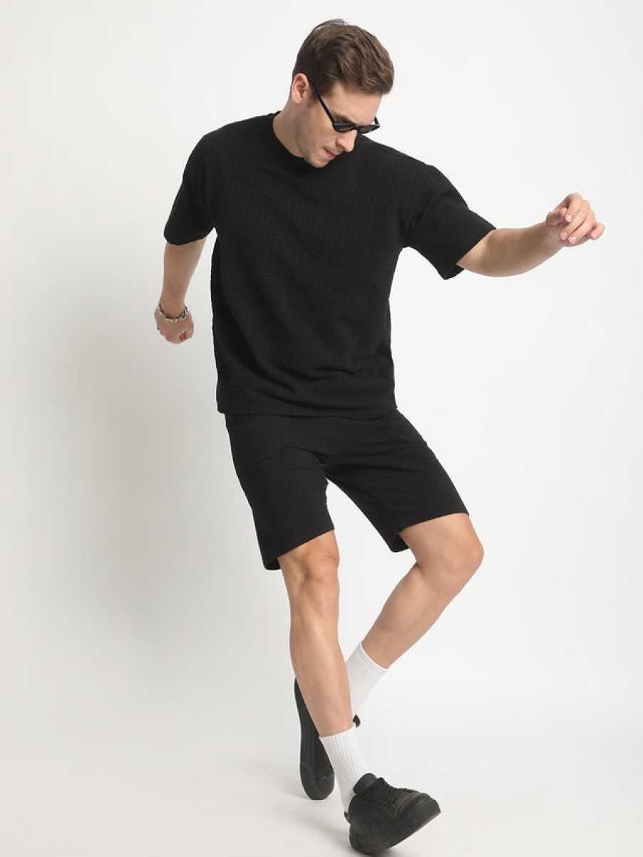 Co-Ords Sets | Bene Kleed Men Black Regular Fit Solid Seersucker Knitted Co-Ord Set