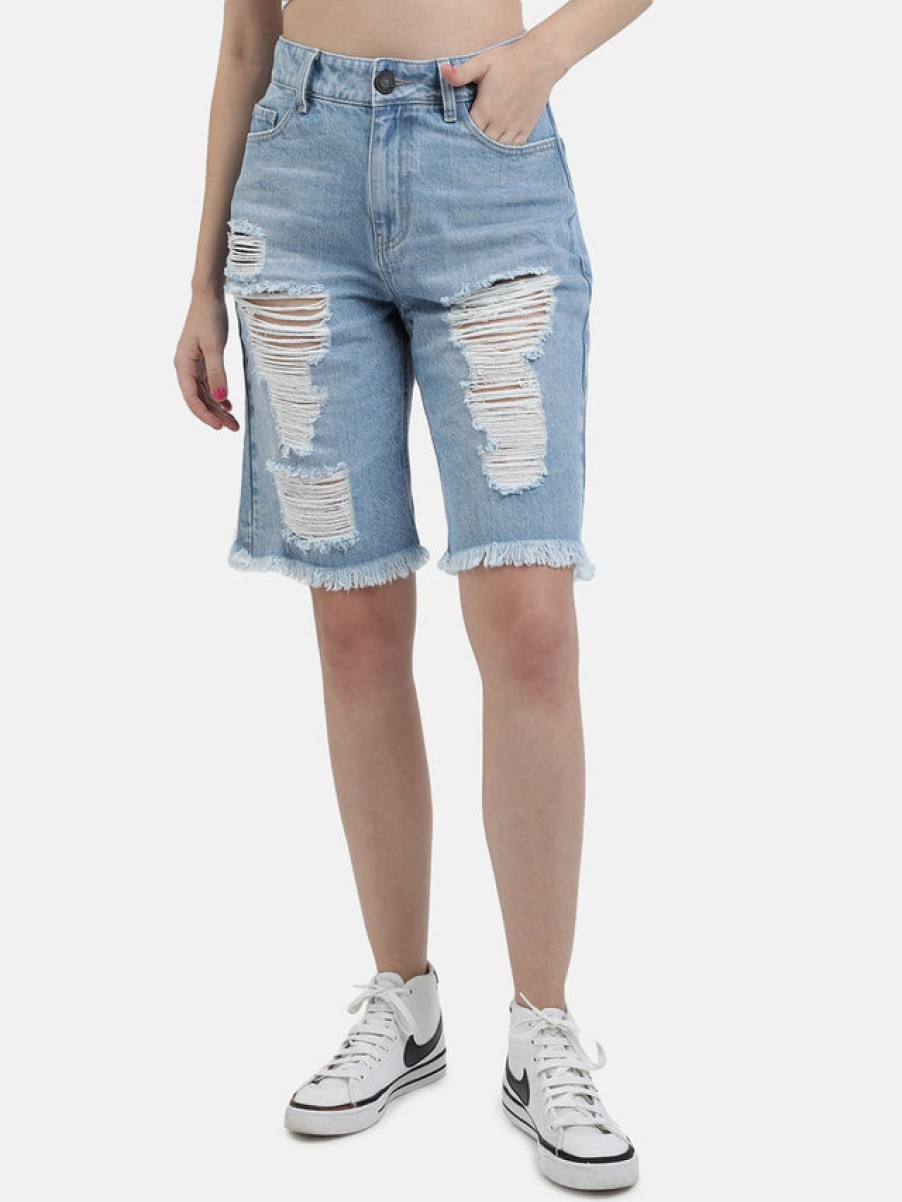 Shorts | Bene Kleed Women Blue Slim Fit Denim Shorts With Distress Wash