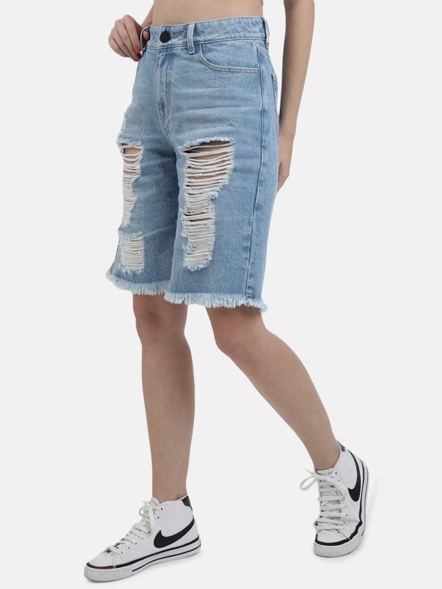 Shorts | Bene Kleed Women Blue Slim Fit Denim Shorts With Distress Wash